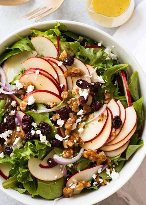 Overhead photo of Apple Salad with Candied Walnuts and Cranberries with vinaigrette dressing on the side Cranberry Walnut Salad, Recipe Tin Eats, Apple Walnut Salad, Leafy Salad, Recipetin Eats, Recipe Tin, Dessert Aux Fruits, Walnut Salad, Apple Salad