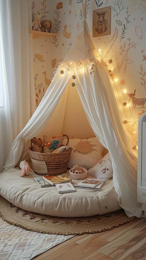 Fairy Lights Playroom, Reading Nook With Canopy, Kids Reading Nook Corner, Kids Bedroom Reading Corner, Kids Reading Corner Bedroom, Reading Nook Toddler Room, Toddler Girl Reading Corner, Reading Nook In Bedroom Kids, Floor Bed Ideas For Kids