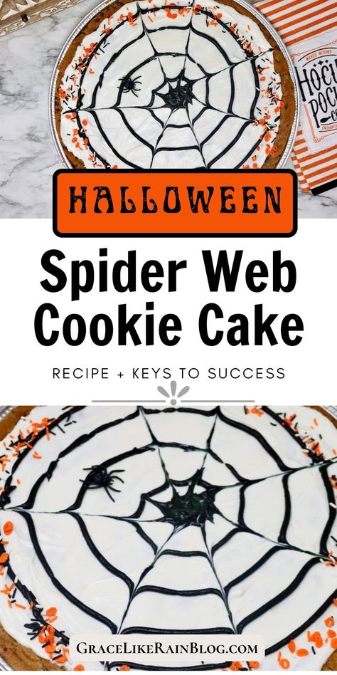 Looking for a show-stopping Halloween dessert? Our Spider Web Cookie Cake recipe is just the ticket! A delicious cookie cake covered in a velvety frosting and topped with a creepy crawly spider web design. Perfect for parties and sure to impress! Dare to try this decadent delight? Pizza Cookie Cake, Spider Cookies Halloween, Spider Web Cookies, Spider Web Cake, Spooky Spider Web, Halloween Pizza, Refrigerated Cookie Dough, Cookie Cake Designs, Spider Cookies