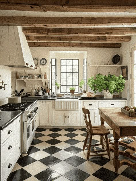 Small Kitchen Black And White Floor, Grey And White Kitchen Floor, Farmhouse Kitchen With Tile Floor, Checkboard Floor Kitchen, Classic Kitchen Flooring Ideas, Checkerboard Tile Floor Kitchen, Check Floor Kitchen, Harlequin Floor Kitchen, Checkard Floor Kitchen