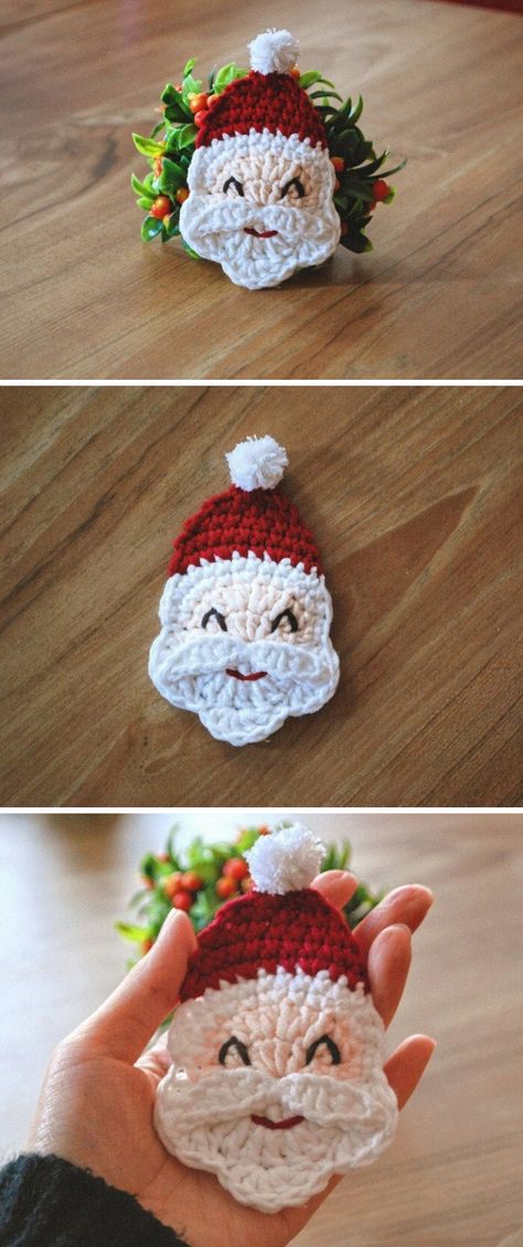 Learn how to crochet a beautiful and rather easy to make - Santa applique.  #crochetsatna #crochetchristmas Crochet Santa Free Pattern Christmas Ornament, Crochet Santa Faces Free Patterns, Crochet Applique Patterns Free Christmas, Crochet Santa Face, Crochet Santa Applique Free Pattern, Crochet Applique Christmas, Crochet Christmas Santa, Santa Applique Pattern Free, Christmas Applique Crochet