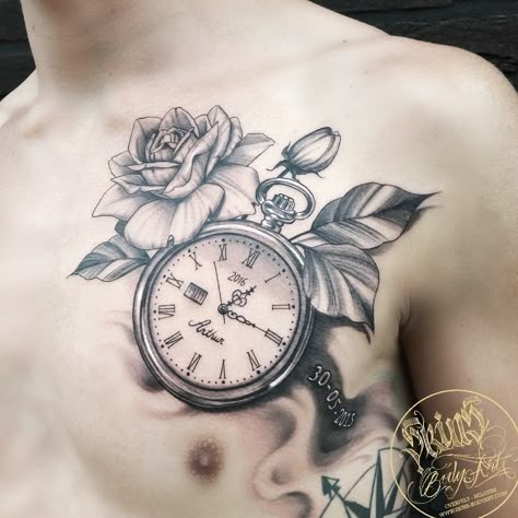 Rose And Clock Tattoo For Men, Watch Tattoo Men, Men Clock Tattoo Ideas, Stopwatch Tattoo, Tatto Clock, Stop Watch Tattoo, Rose Chest Tattoo, Pocket Watch Tattoo Design, Finger Tattoos Words