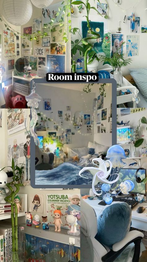 Space Dorm Room, Sky Aesthetic Room, Water Theme Room, Blue And Green Room Ideas, Beach Inspired Room, Aquarium Room Aesthetic, Ocean Inspired Room, Room Inspo Blue, Blue Harajuku Style Summer Bottoms