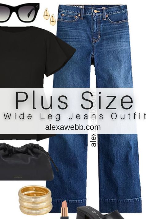 How to Wear Plus Size Wide Leg Jeans - A plus size casual outfit idea with wide leg jeans and a black peplum top. Alexa Webb Plus Size Black Jeans Outfit, Wide Leg Jeans Outfit Plus Size, Wide Leg Pants Outfit Plus Size, Bodysuit Outfit Plus Size, Wide Leg Black Pants Outfit, Outfits With Wide Leg Jeans, Wide Leg Jean Outfits, Plus Size Wide Leg Jeans, Wide Leg Jeans Outfit Summer