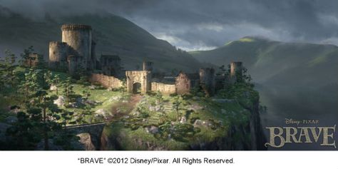 A scene from Brave - Looking over an ancient castle with Scottish mountains in the background Disney Castle, Brave, Castle, Forest, Disney