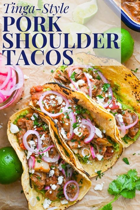 Baja Pork Tacos, Pork Tinga Tacos, Pork Shoulder For Tacos, Pork Shoulder Birria Tacos, Chipotle Pork Tacos, Pork Shoulder Tacos Crockpot, Braised Pork Tacos, Pork Tinga Recipe, Pork Shoulder Tacos