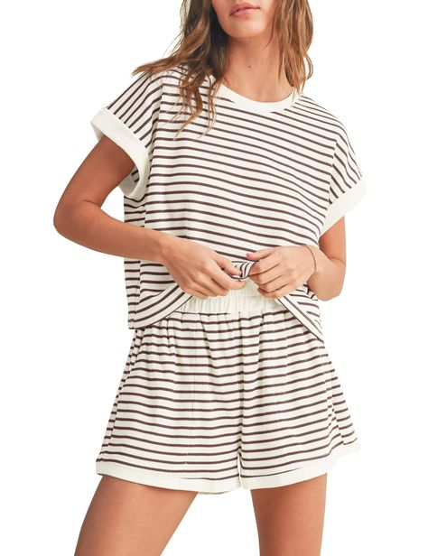 PRICES MAY VARY. Striped Sets: Short sleeve pajama sets for women 2 piece outfits are high quality rib knit texture, skin-friendly, oversized loose fit has much room to cater diverse figures, providing you most comfortable touch while wearing the knit short set. Shorts Tracksuit: Knit sets two piece women colorblock striped crop tops are crew neck, baggy boxy fit, color contrast trim, while ribbed shorts features slant pockets, elastic high waist. Striped summer shorts sets for women, short slee