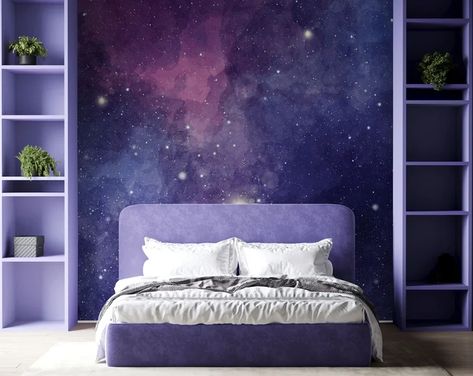 Space Wallpaper - Etsy Galaxy Inspired Bedroom, Galaxy Aesthetic Bedroom, Purple Celestial Bedroom, Boys Purple Bedroom, Galaxy Bedroom Aesthetic, Girls Galaxy Bedroom Ideas, Navy And Purple Bedroom, Galaxy Bedroom Ideas Diy, Galaxy Theme Bedroom