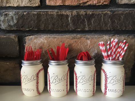 Baseball Mason Jar, Rustic Decor Bathroom, Baseball Party Favors, Baseball Theme Birthday, Baseball Baby Shower Theme, Baseball First Birthday, Baseball Theme Party, Boys 1st Birthday Party Ideas, Baseball Birthday Party