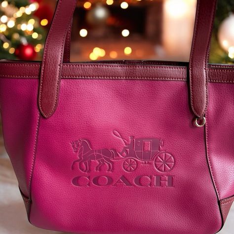 COACH Tote In Colorblock With Horse And Carriage C5676 GOLD/BRIGHT VIOLET MU Excellent condition, only used once. Coach calls this violet, but I would describe it as cranberry. Perfect for Christmas and the holidays!