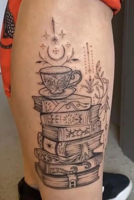 Cat On Stack Of Books Tattoo, Teacup And Book Tattoo, Dragon And Books Tattoo, Black And White Book Tattoo, Book Shelf Tattoo, Book And Coffee Tattoo, Book Worm Tattoo, Fantasy Book Tattoo Ideas, Book Sleeve Tattoo