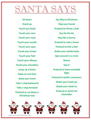 Santa Says Game for Christmas Parties {FREE PRINTABLE} - The Resourceful Mama Preschool Christmas Games, Game For Christmas, Santa Says, School Christmas Party, Holiday Party Kids, Christmas Lesson, Printable Christmas Games, Christmas Games For Kids, Holiday Classroom