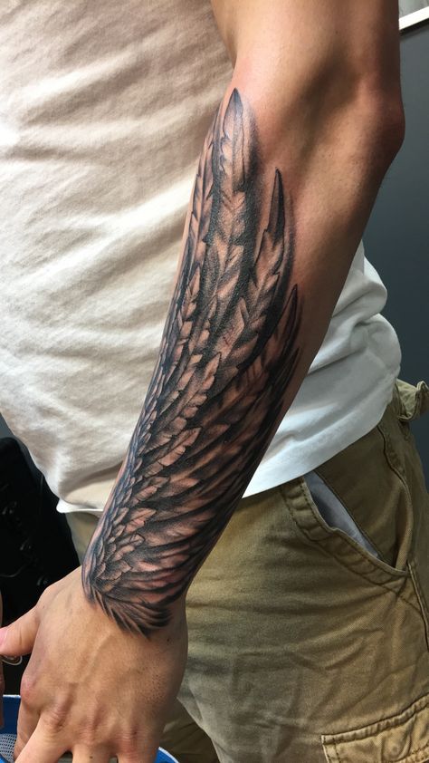 Wing tattoo Wing Half Sleeve Tattoo, Tattoo Wings Arm, Wing Wrist Tattoo, Wings Arm Tattoo, Feather Tattoo Men, Eagle Feather Tattoo, Forearm Wing Tattoo, Wing Tattoo Arm, Eagle Feather Tattoos