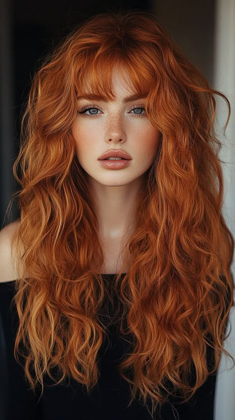 Curly Red Hair With Bangs, Fluffy Curled Hair, Copper Orange Hair, Copper Curls, Copper Hair Color Ideas, Cheveux Oranges, Amber Hair, Red Hair Don't Care, Red Hair Woman