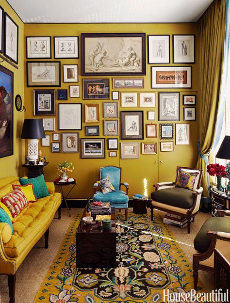 Bring your artwork up to trick the eye and expand or accentuate the height of the room, like in Bill Brockschmidt and Richard Dragisic's 640-square-foot New York apartment. Mustard Living Rooms, Maximalist Interior Design, Mustard Walls, Maximalist Interior, Small Living Room Decor, Maximalist Decor, Small Living Rooms, Small Living Room, Small Living