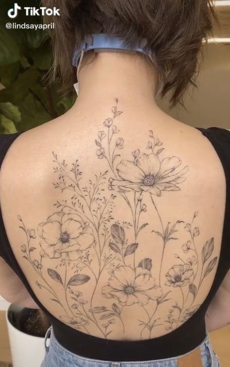 Flower Garden Back Tattoo, Garden Back Tattoo Women, Delicate Flower Sleeve Tattoo, Wildflower Chest Tattoo, Wild Flower Back Tattoo, Wildflower Tattoo Back, Back Floral Tattoo Women, Back Tattoos Floral, Garden Back Tattoo