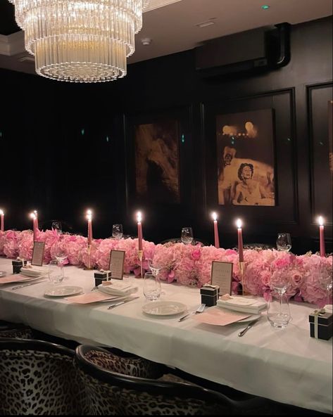 All Pink Dinner Party, Private Birthday Dinner Party, Private Dinner Party Decor, Birthday Dinner Decorations, Pink Dinner Party, Lavish Birthday Party, Private Dinner Party, Luxury Birthday Party, Nepo Baby