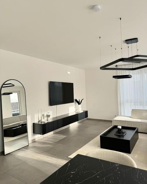 Living Room Designs White And Black, Aesthetic Dark Apartment, Apartment Interior Black, White And Black Apartment, Black Aesthetic House Interior, Black And White Living Room Ideas Modern, Dark Minimalist Living Room, Gray And Black Living Room Ideas, Black And White Apartment Aesthetic