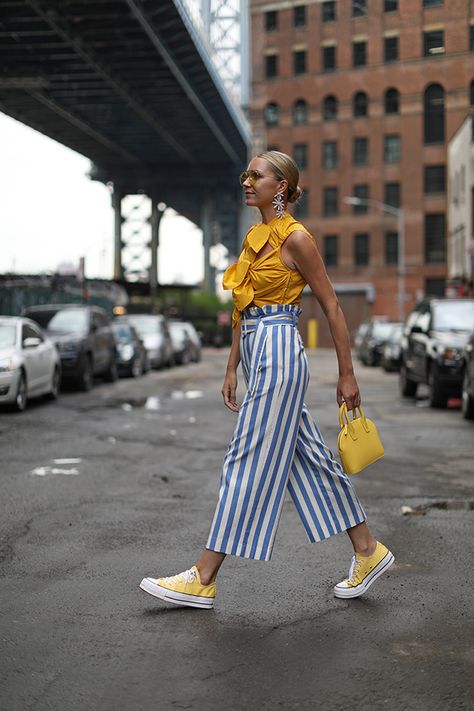 SUMMER BLUES & A SPRING SALE | Atlantic-Pacific Blue And White Striped Pants Outfit, Stripe Pants Outfit, Yellow Converse, Summer Blues, Blair Eadie, Yellow Clothes, Atlantic Pacific, Yellow Sneakers, Stripe Outfits