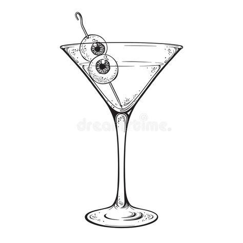 Martini Glass Sketch, Drink Spilling Drawing, Martini Tattoo Design, Rocks Glass Tattoo, Cocktail Line Art, Cocktail Tattoo Design, Halloween Martini Glasses, Cocktail Glass Drawing, Eyeball Cocktail