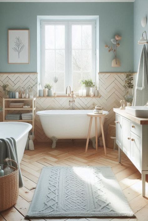 Embrace Scandinavian design with this serene combination of pale blue and light wood. Clean lines and calming colors for your bathroom. #ScandinavianBathroom #PaleBlueAndWood Dark Brown Flooring, Pale Blue Bathroom, Soothing Bathroom, Bathroom Ideas Blue, Brown Flooring, Light Blue Bathroom, Lavender Interior, Bathroom Color Schemes, Scandinavian Bathroom