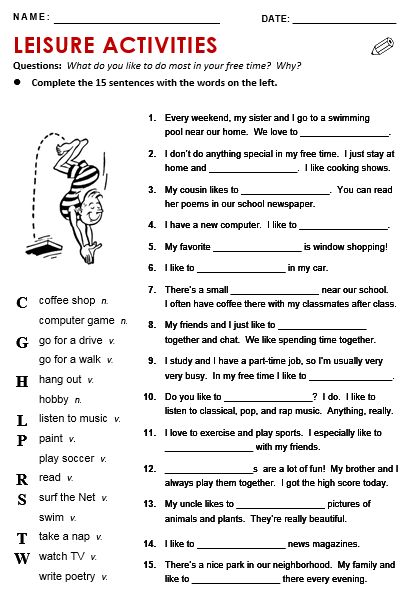 Free Time Activities Worksheets, English Conversation Worksheets, Leisure Time Activities, Free Time Activities, English Worksheet, English Exercises, English Conversation, Conversational English, English Worksheets For Kids