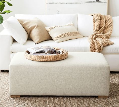 Universal Upholstered Rectangular Ottoman, Chenille Basketweave Taupe | Pottery Barn Upholstered Ottoman Coffee Table, Upholstered Coffee Tables, Rectangular Ottoman, Rectangle Ottoman, Living Tv, Ottoman Decor, Large Ottoman, Ottoman Coffee, Fabric Ottoman