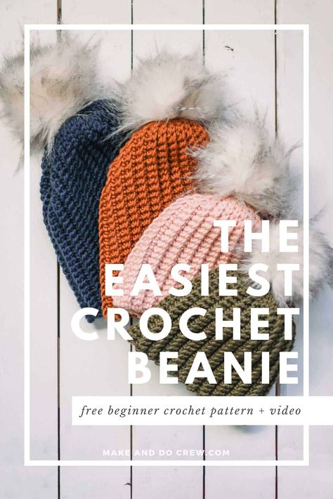 Stack of four modern crochet hats in baby through adult sizes, each with a fur pom pom. Hats made with Lion Brand Color Made Easy. Easy Crochet Baby Hat, Free Crochet Hat Pattern, Pom Hats, Easy Crochet Hat Patterns, Make And Do Crew, Knit Beanies, Crochet Baby Hat Patterns, Easy Crochet Hat, Crochet Idea