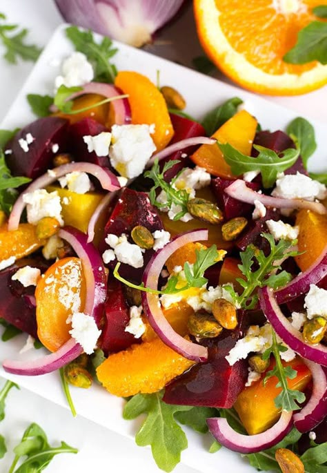 Beet Salad With Goat Cheese, Simply Happy Foodie, Salad With Goat Cheese, Orange Vinaigrette, Beet And Goat Cheese, Beet Salad Recipes, Roasted Beet Salad, Baby Arugula, Beet Recipes