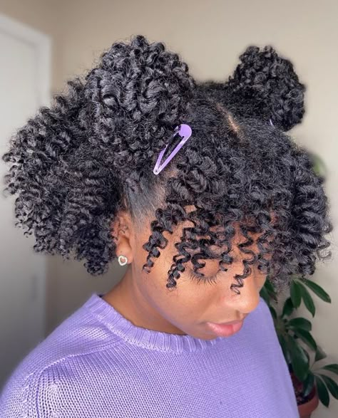 2 Puffs With Bangs, Half Up Ponytail With Bangs, Half Up Half Down Hair Black Women Natural Curly, Two Puffs Half Up Half Down Natural Hair, Natural Hair Bangs Black Women, Half Up Half Down Natural Hair Black Women, 2 Buns Half Up Half Down, 2 Buns Hairstyle Black Natural Hair, Natural Hairstyles With Bangs