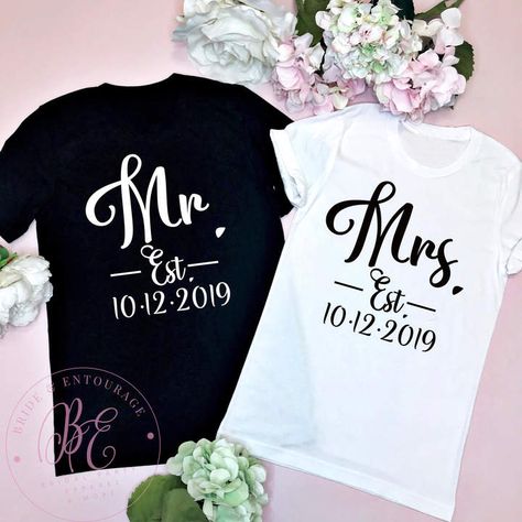 Etsy Mr. and Mrs. Est. Date - Bride and Groom Shirts - Honeymoon Couples Shirts - Wedding Gift - Engagement gift #MrAndMrs #Shirts #Couples #Affiliate Bride And Groom Tshirts, Bride And Groom Shirts, Brides Maid Shirts, Married Couple Shirts, Honeymoon Couples, Bridesmaid Tshirts, Bridal Shower Gifts For Bride, Etsy Clothes, Wedding Gifts For Bride And Groom