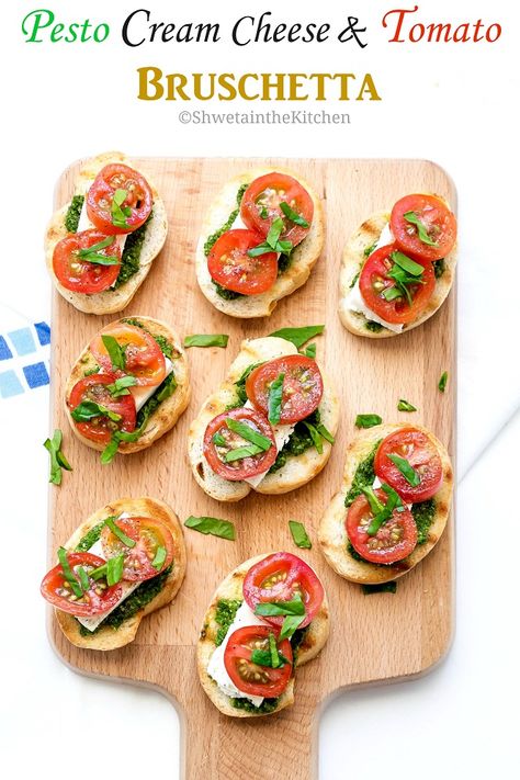 When it comes to appetizers and snacks, I like dishes that can be prepped in advance and can be assembled in minutes just before the gues... Snacks With Pesto, Pesto Snacks Appetizers, Appetizer With Pesto Party Appetizers, Tomato Pesto Appetizer, Pesto Hors D’oeuvres, Spinach Basil Pesto, Quick Appetizer Recipes, Pesto Cheese, Tomato Bruschetta