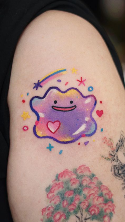 Instagram Pokemon Tattoo Color, Colored Simple Tattoos, Colorful Cartoon Tattoos, Pokemon Tattoo Cute, Cute Pokémon Tattoo, Cute Colourful Tattoos, Luxray Tattoo, Cute Colored Tattoos, Cute Color Tattoos