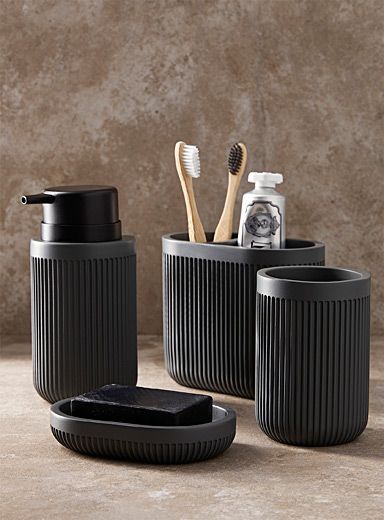 Bathroom Accessories & Accessory Sets | Simons Black Bathroom Sets, Double Shower Curtain, Bathroom Containers, Gray Bathroom Accessories, Wood Soap Dish, Matte Black Bathroom, Black Bathroom Accessories, Gorgeous Bathroom, Soap Pump