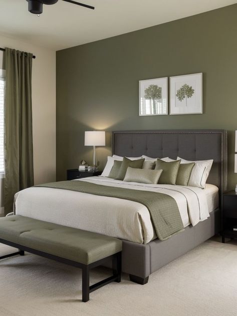 Aesthetic Room Colour Ideas Bedroom, Simple Bedroom Color Schemes, Grey Green Bedrooms, Room Color Ideas Bedroom, Taupe Bedroom, Green Bedroom Walls, Room Color Ideas, Green Bedroom Decor, Room Color Combination