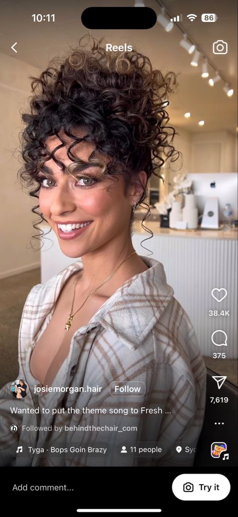 Curly Bangs With Ponytail, Curly Hair Updo With Flowers, Curly Updo Bangs, 90s Curly Updo, Curly Hair With Bangs Updo, Curly Updo With Bangs, Short Hair Bridal Hairstyles, Bangs 90s, Curly Bun Updo