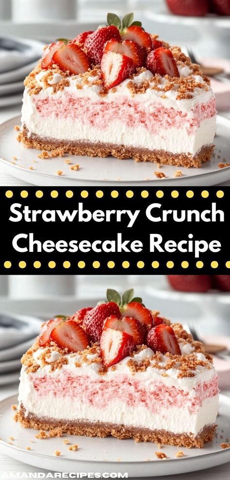 Craving a delightful dessert? This Strawberry Crunch Cheesecake Recipe is the perfect treat for any occasion. It's a simple dessert that combines creamy cheesecake with a crunchy topping, making it a family favorite. Strawberry Crunch Cheesecake, Strawberry Gelatin, Crunch Cheesecake, Strawberry Crunch, Simple Dessert, Vanilla Cookies, Cookie Crust, Creamy Cheesecake, Summer Dessert