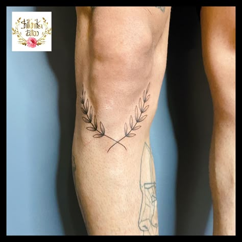 #kneetattoos #olivebranchtattoo #wildflowertattoo #leaftattoo #planttattoo #tattooformen Olive Branch Tattoo Under Knee, Two Leaf Tattoo, Under Knee Leaf Tattoo, Knee Branch Tattoo, Olive Branch Tattoo Mens Knee, Leaf Knee Tattoo Men, Knee Tattoo Vine, Vines Around Knee Tattoo, Greek Leaves Tattoo Knee