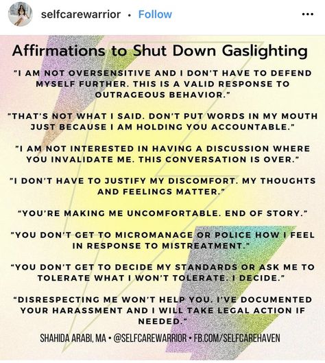 Great advice. #gaslighting #selfhelp #selfcare How To Heal From Gaslighting, How To Shut Down Gaslighting, Healing From Gaslighting, Gaslighting Boss, Gaslighting Response, How To Respond To Gaslighting, Examples Of Gaslighting, Respond To Gaslighting, Gaslighting Examples