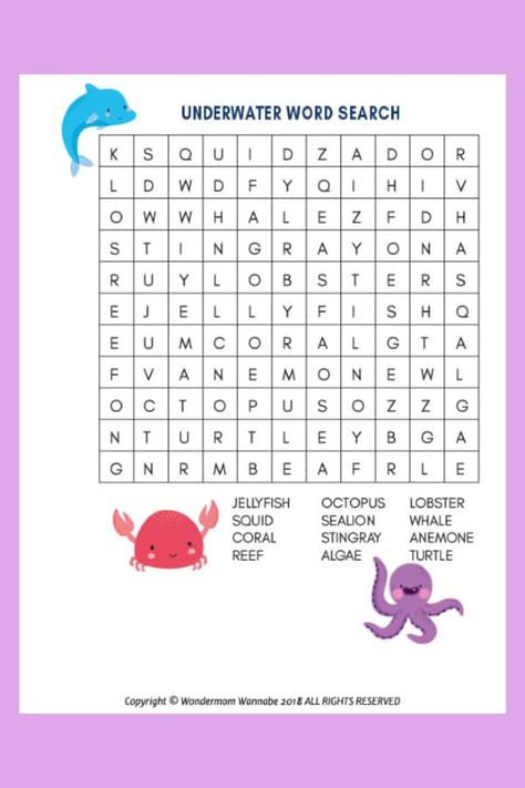 This under the sea word search for kids will help kids learn words associated with the ocean. Perfect fun printable activity for ocean-loving children. #underthesea #wordsearch #printables Kids Word Search, Ocean Coloring Pages, Word Search Puzzles Printables, Car Activities, Sea Activities, Birthday Words, Ocean Kids, Under The Sea Theme, Printable Activities For Kids