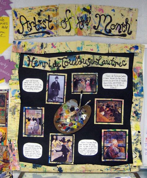 Artist Bulletin Board Henri de Toulouse-Lautrec       Cassie Stephens: In the Artroom: Hangin' with the College Kids Art Ks2, Art Bulletin Boards, Art Room Posters, Art Classroom Management, Elementary Art Rooms, Artist Of The Month, Cassie Stephens, Art Classroom Decor, Outfit Photos