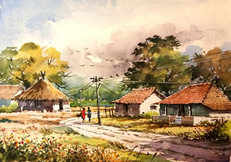 Watercolor - 300 GSM - handmade paper 자작나무 그림, Village Scene Drawing, Master Watercolor, Design Art Nouveau, Watercolor Scenery, Watercolor Art Landscape, Watercolor Paintings Nature, Watercolour Landscape, Watercolor Architecture