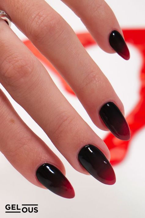 Gelous Halloween Ombré gel nail polish art using the Ombré Brush - photographed on model Black To Red Fade Nails, Black Nails Red Tips, Black And Red Gel Nails, Black Red Ombre Nails, Black And Red Ombre Nails, Gel Manicure Designs, Diy Gel Manicure, Blood Nails, Black Ombre Nails