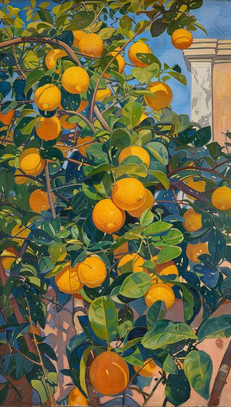 #ImpressionistPainting #LemonAndLimeTree #ClassicalMarbleBalustrade #BrightBlueAndYellowColors #ArtNouveau #Close-upOnFruit #75:133AspectRatio #Stylize150 Lemon Tree Painting, Nature Library, Impressionism Monet, Fauvism Art, Citrus Tree, Picasso Inspired, Citrus Grove, Inspirational Digital Art, Books Flowers