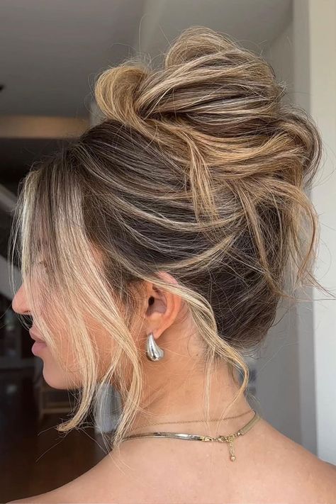 90s-Inspired Messy High Bun, Updo Hairstyle, updo wedding hairstyle High Messy Bun Updo Wedding, Messy High Bun Updo, 90s Updo Hairstyles Messy Buns, Bridal Messy High Bun, High Messy Updo Wedding, High Bun With Veil, 90s High Bun Wedding, Shoulder Length Updo, High Updo Wedding