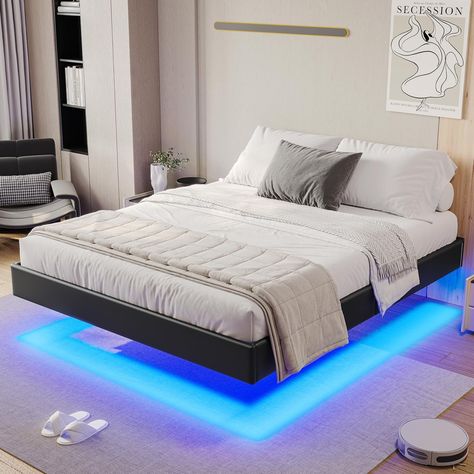 King Size Floating Bed Frame, King Size Floating Bed, Bed Floating, Platform Bed Frame Full, Bed Frame With Led Lights, Bed Frame No Box Spring, Boys Bed, California King Platform Bed, California King Bed Frame