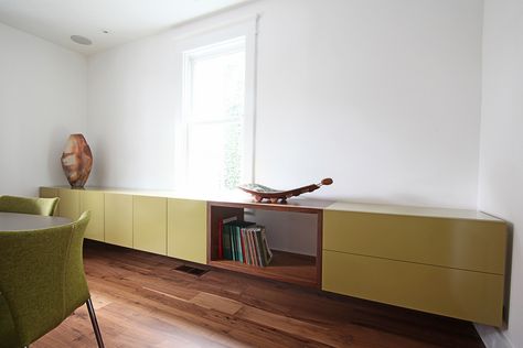 Home Office Credenza Storage, Floating Office Storage, Credenza In Office, Tv Corner Ideas, Master Bath Vanities, Floating Credenza, Loft Vibes, Cocktail Room, Tv Corner