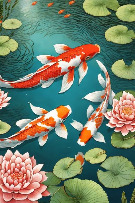 Koi Pond Serenity Check more at https://paintlyx.com/koi-pond-serenity/ Koi Pond Landscaping, Pond Crafts, Traditional Illustration, Asian Things, Koi Art, Koi Fish Pond, Watercolor Landscape Paintings, Fish Pond, Koi Pond