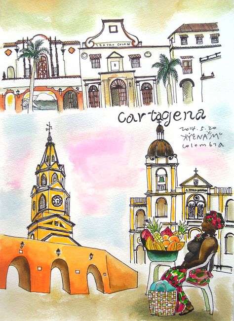 [travel paintings] cartagena, Colombia Travel Painting, Rose Party, Travel Illustration, International Day, Journal Covers, Trinidad, Bullet Journal, I Hope, Character Design