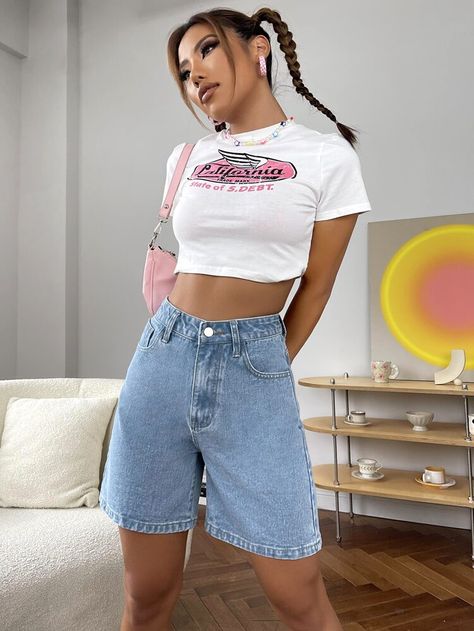 Long Shorts Outfits Aesthetic, 3 Quarter Pants Outfits, Long Denim Shorts Outfit, Going Out Outfits Night Club, Looks Com Short, Go Out Outfit Night, Long Denim Shorts, Outfits Primavera, Style Inspiration Spring Summer